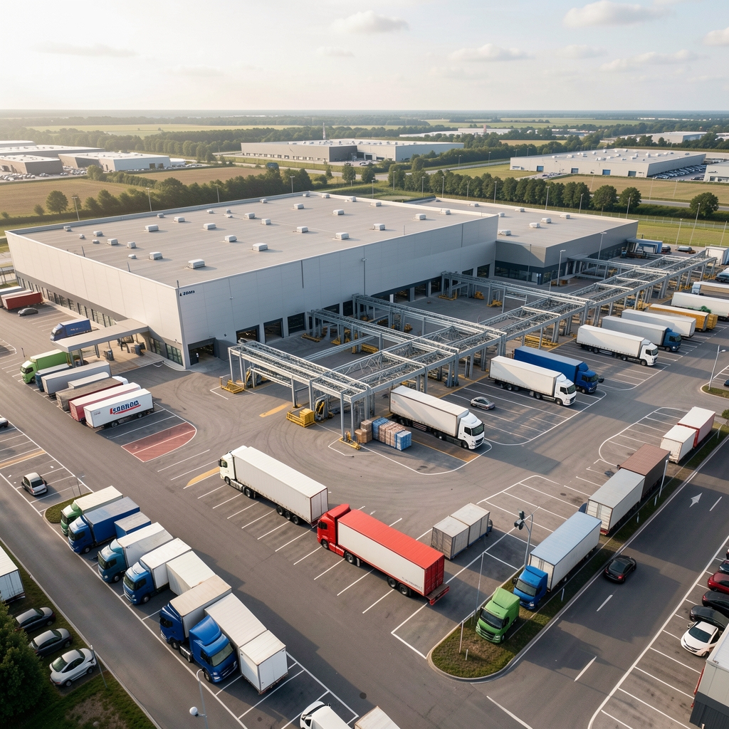 Modern distribution and logistics center with connected transportation and warehouse technology