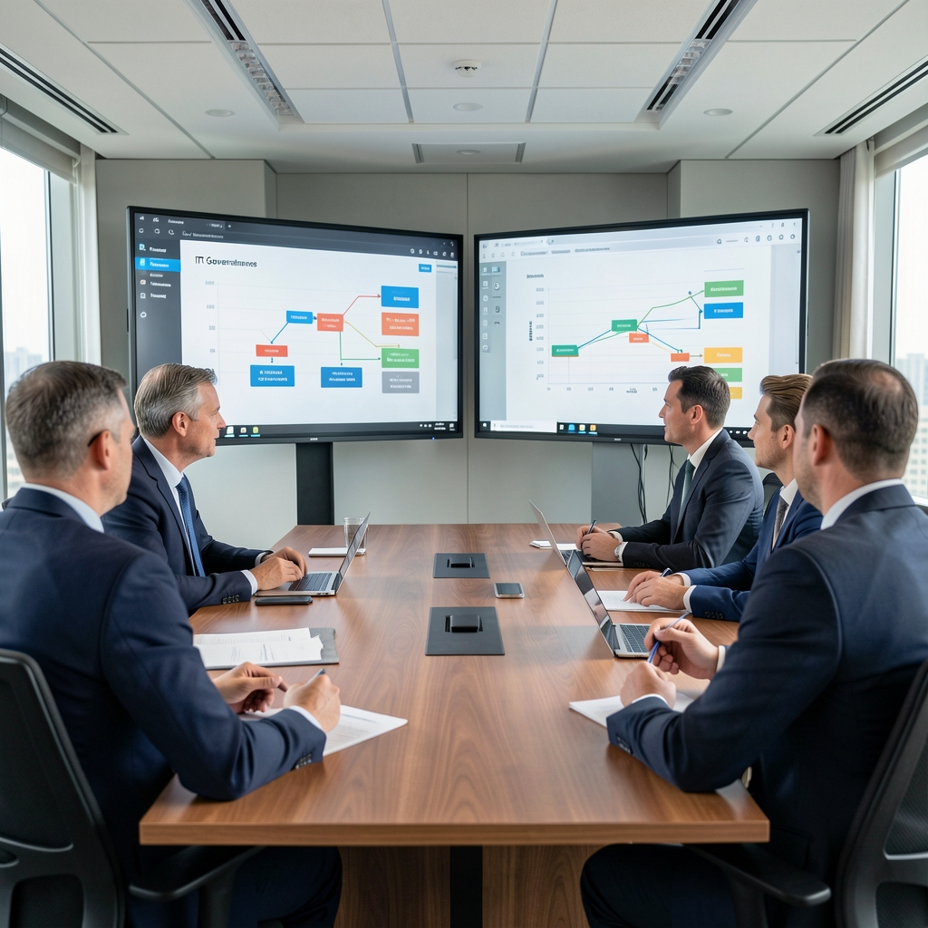 Technology review meeting displaying governance, operational, and performance information