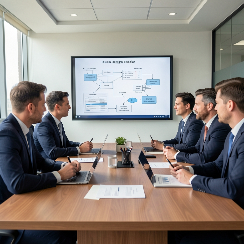 Global VLAN enterprise technology planning session with strategic architecture diagrams and roadmap materials