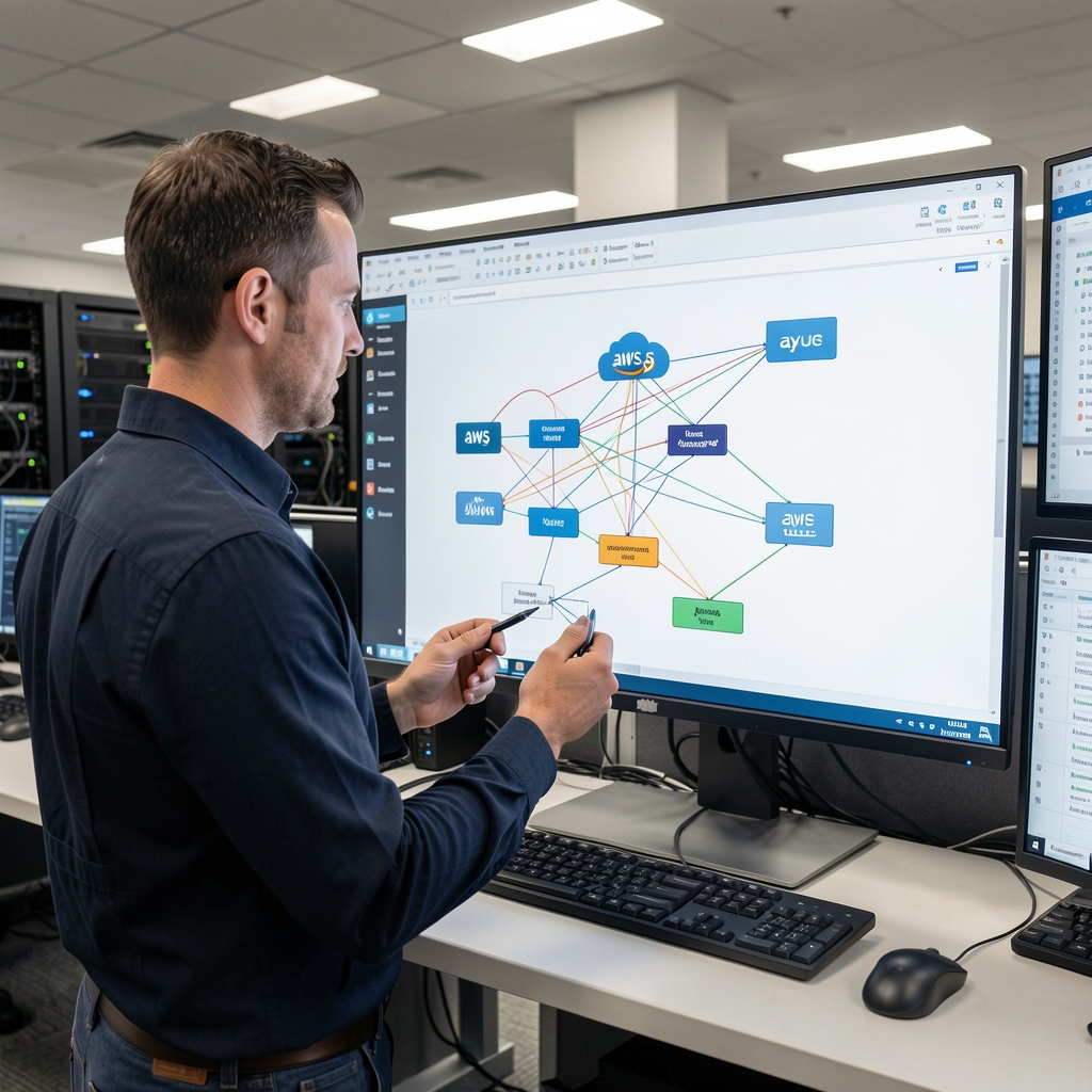Cloud infrastructure dashboard showing enterprise workloads, services, and hybrid cloud environments