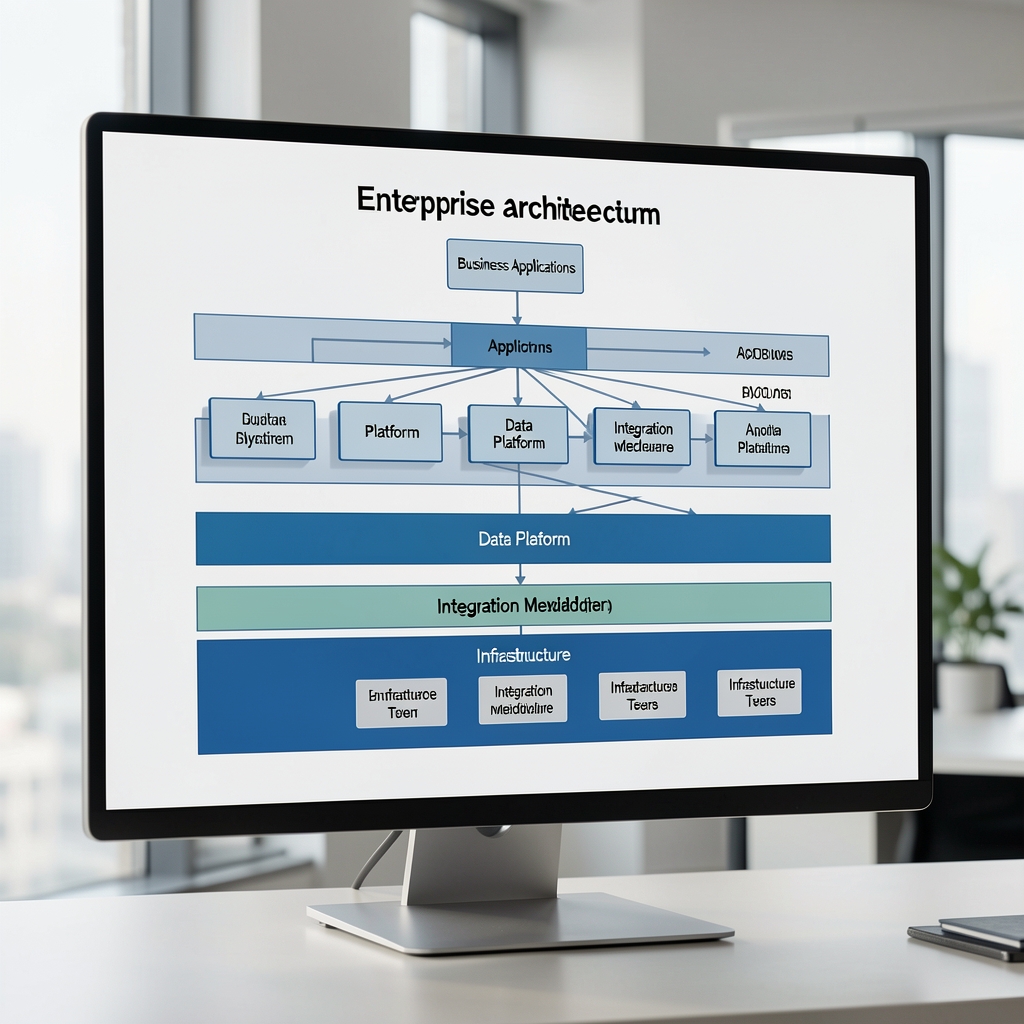 Enterprise architecture visualization showing applications, integration layers, data platforms, and infrastructure
